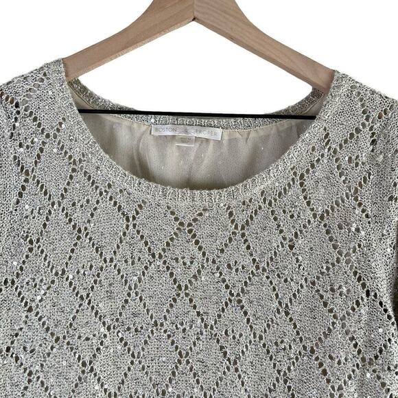 Boston Proper Sequin Embellished Open Knit Sweater Chiffon Lining in Cream, Sz M - Picture 2 of 11